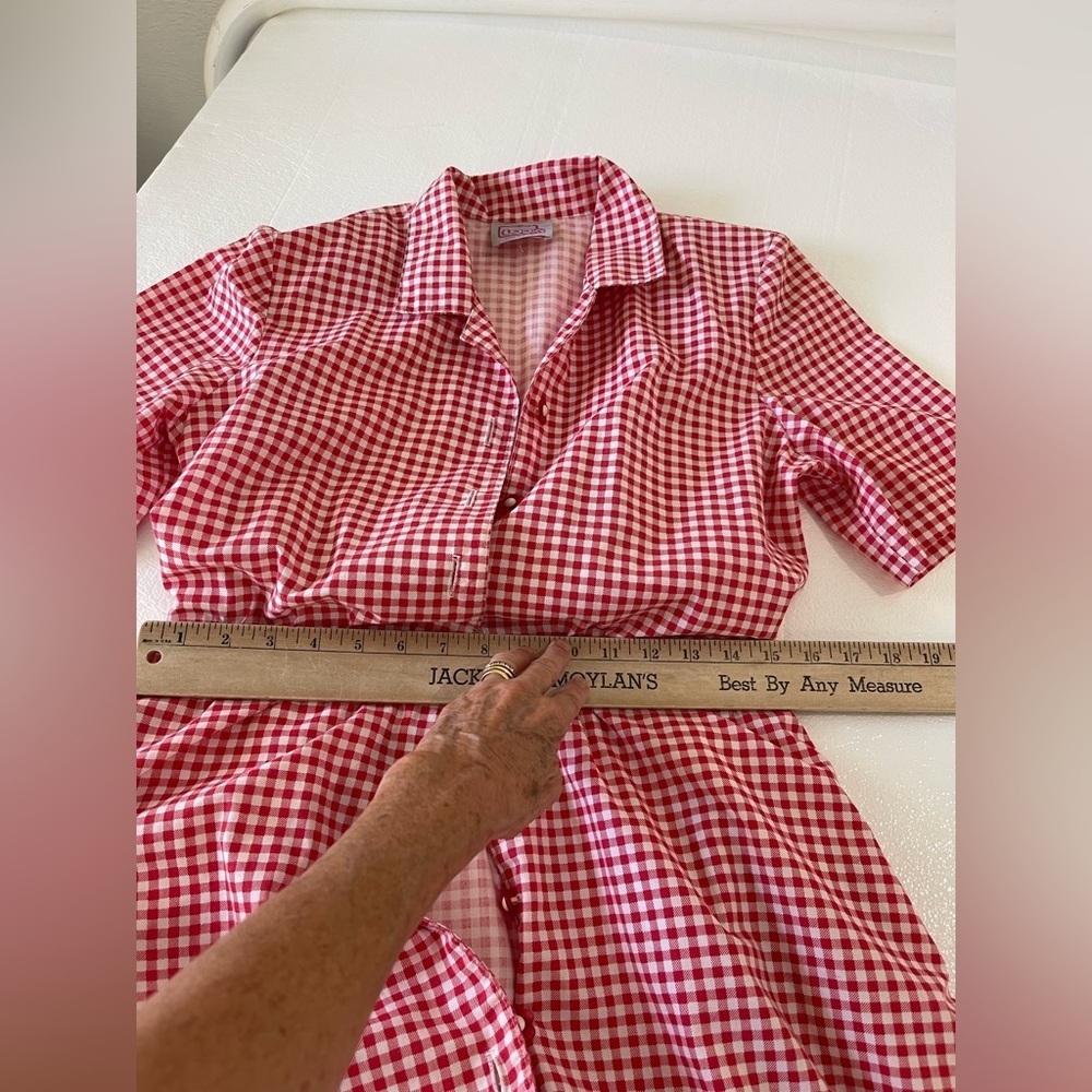 California Looks vintage gingham dress red/white belt +shoulder pads Size 8P 7-4 - Picture 6 of 11